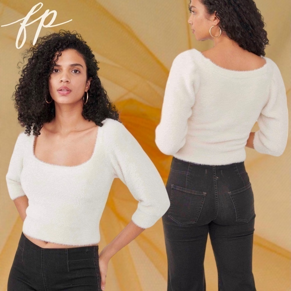 FREE PEOPLE NWT Moonbeam Fuzzy 3/4 Puff Sleeve Cropped Scoop Neck Sweater/Lg - Picture 8 of 16